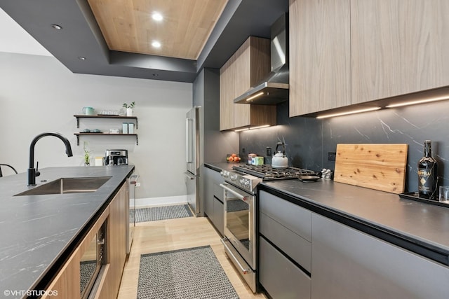 1523 N Western Ave Unit 2A, Chicago, IL 60622 - kitchen featuring appliances with stainless steel finishes, wall chimney exhaust hood, modern cabinets, tasteful backsplash, and a raised ceiling