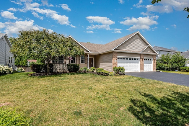 313 W Burlington Dr, Maple Park, IL 60151 - ranch-style home with an attached garage, asphalt driveway, a front lawn, and brick siding