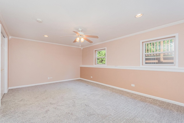 313 W Burlington Dr, Maple Park, IL 60151 - spare room featuring ceiling fan, carpet floors, ornamental molding, and recessed lighting