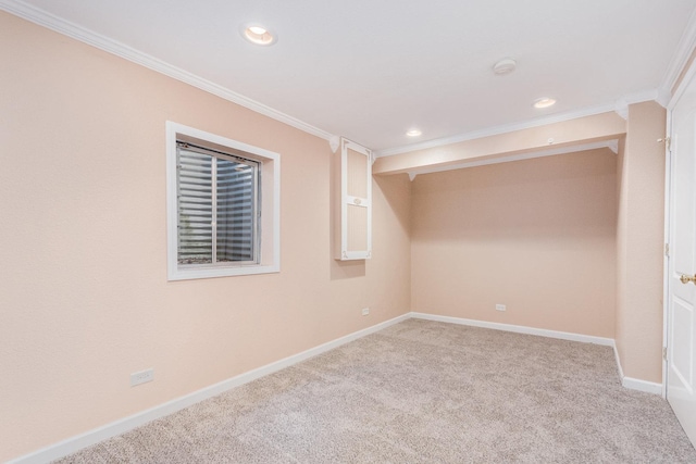 313 W Burlington Dr, Maple Park, IL 60151 - basement with light carpet, ornamental molding, and recessed lighting