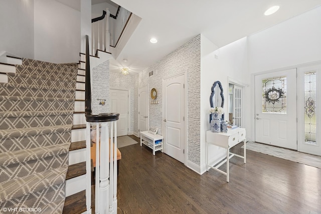 1000 S Madison Ave, La Grange, IL 60525 - foyer entrance featuring stairs, dark wood-type flooring, a high ceiling, and recessed lighting