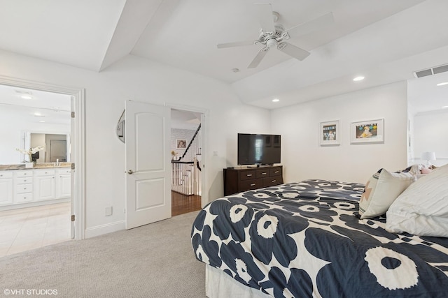 1000 S Madison Ave, La Grange, IL 60525 - bedroom with connected bathroom, light colored carpet, vaulted ceiling, recessed lighting, and ceiling fan