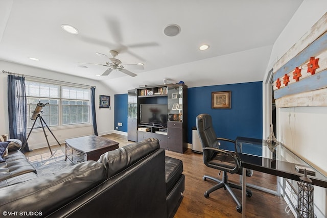1000 S Madison Ave, La Grange, IL 60525 - living room with ceiling fan, wood finished floors, recessed lighting, lofted ceiling, and a desk