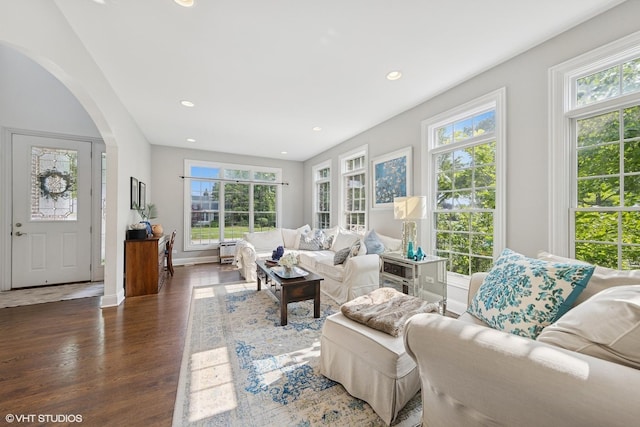1000 S Madison Ave, La Grange, IL 60525 - living area featuring plenty of natural light, wood finished floors, arched walkways, and recessed lighting