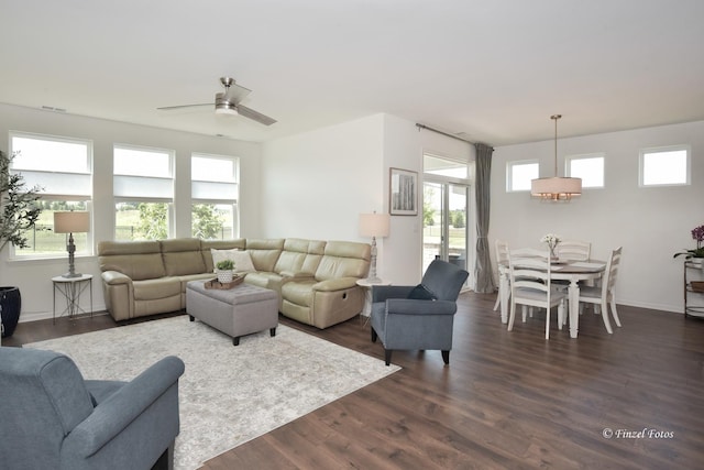 2351 Cannon Dr, Pingree Grove, IL 60140 - living area featuring dark wood-style floors, plenty of natural light, and ceiling fan