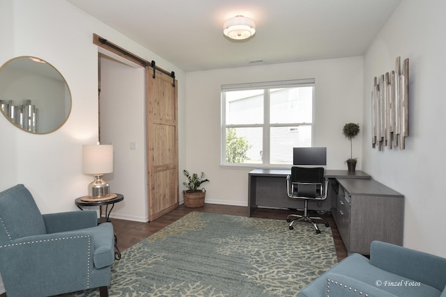 2351 Cannon Dr, Pingree Grove, IL 60140 - home office featuring a barn door and dark wood-style floors
