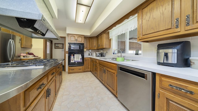 10245 W Penn Cor, Polo, IL 61064 - kitchen featuring black appliances, brown cabinetry, decorative backsplash, ventilation hood, and light countertops