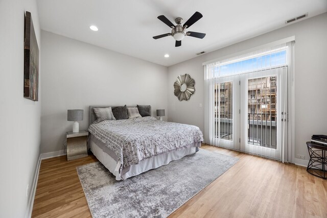 3126 W Walton St Unit 2, Chicago, IL 60622 - bedroom with access to outside, light wood-style flooring, a ceiling fan, and recessed lighting