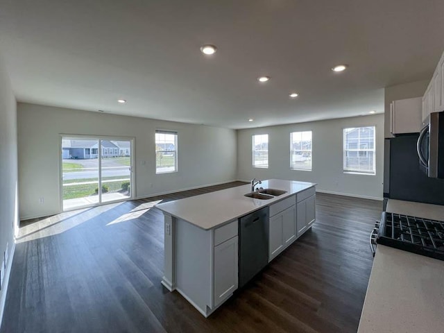 1095 Savannah Ln, Pingree Grove, IL 60140 - kitchen with dishwasher, open floor plan, stainless steel microwave, dark wood-type flooring, and a center island with sink