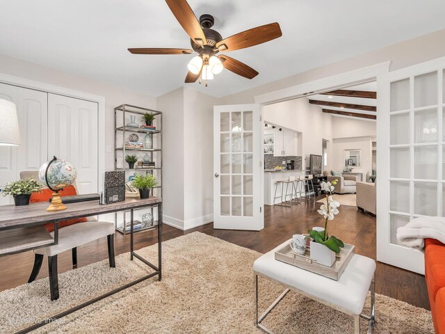 18731 John Ave, Country Club Hills, IL 60478 - office area with a ceiling fan, french doors, wood finished floors, and beamed ceiling