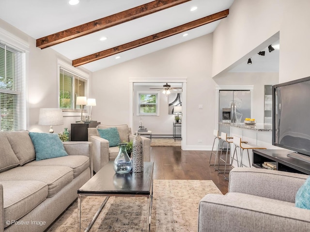 18731 John Ave, Country Club Hills, IL 60478 - living area featuring dark wood-type flooring, recessed lighting, a ceiling fan, and a baseboard heating unit