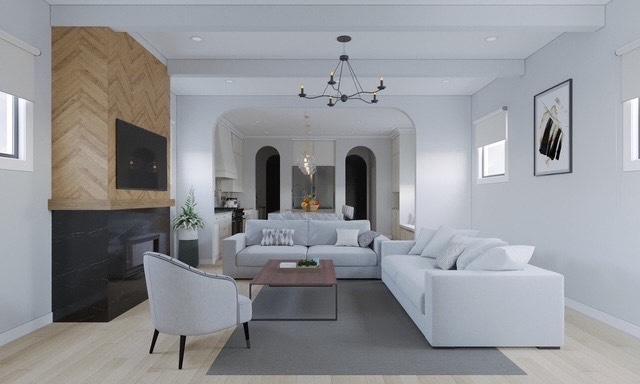 2203 W Huron Ave, Chicago, IL 60622 - living room with arched walkways, a chandelier, beam ceiling, a fireplace, and wood finished floors