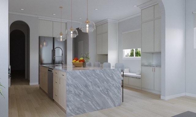 2203 W Huron Ave, Chicago, IL 60622 - kitchen with light wood-type flooring, arched walkways, modern cabinets, stainless steel dishwasher, and crown molding