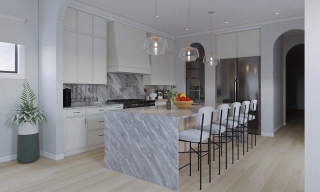 2203 W Huron Ave, Chicago, IL 60622 - kitchen featuring arched walkways, premium range hood, light wood-type flooring, white cabinets, and crown molding