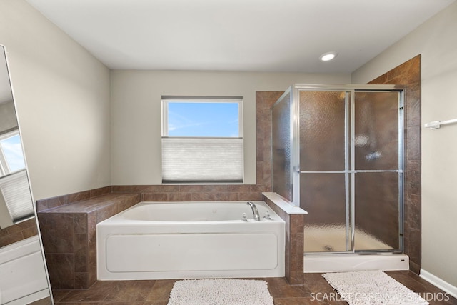 854 Preston Ln, Oswego, IL 60543 - full bathroom featuring a garden tub, a shower stall, and tile patterned flooring