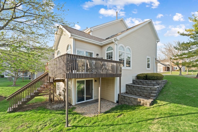 5462 Ridge Xing, Hanover Park, IL 60133 - rear view of house featuring stairs, a wooden deck, a yard, and roof with shingles