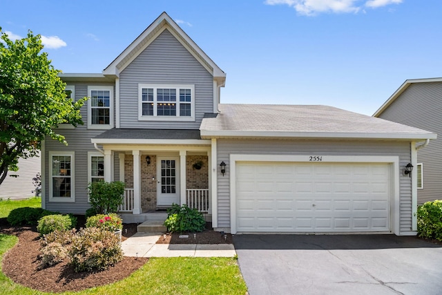 2551 Fallbrook Dr, Hampshire, IL 60140 - traditional-style house with covered porch, driveway, an attached garage, roof with shingles, and brick siding
