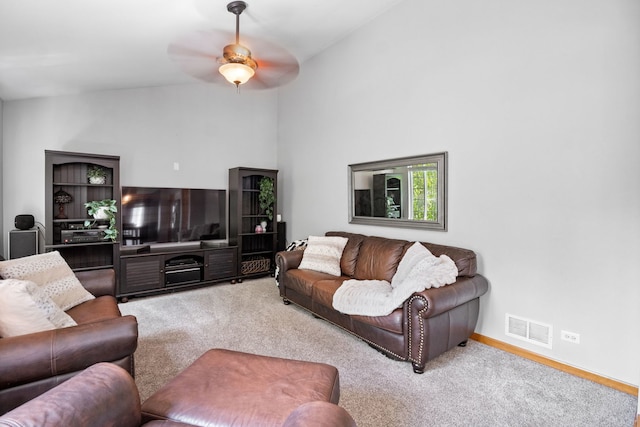 2551 Fallbrook Dr, Hampshire, IL 60140 - living area featuring carpet flooring, a ceiling fan, and high vaulted ceiling