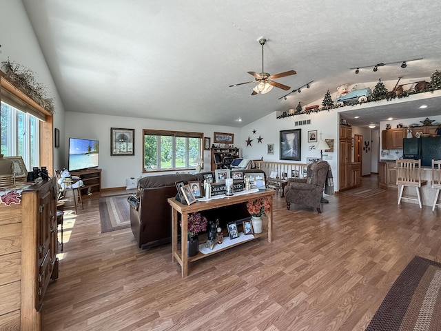 5782 N Brown Rd, Dakota, IL 61018 - living room featuring vaulted ceiling, ceiling fan, light wood-style floors, track lighting, and a textured ceiling
