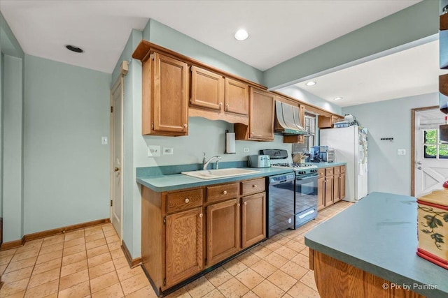 335 Arlington Rd, Itasca, IL 60143 - kitchen with wall chimney range hood, white fridge with ice dispenser, black dishwasher, gas stove, and recessed lighting