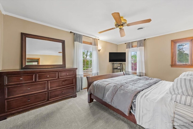 335 Arlington Rd, Itasca, IL 60143 - bedroom featuring multiple windows, light carpet, ornamental molding, and ceiling fan
