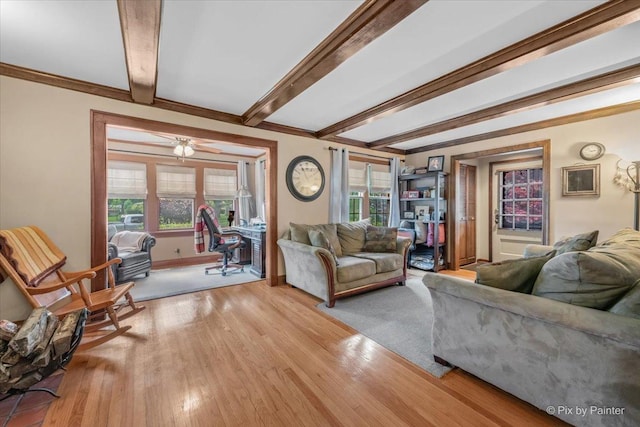 335 Arlington Rd, Itasca, IL 60143 - living area with beamed ceiling, wood finished floors, and ceiling fan