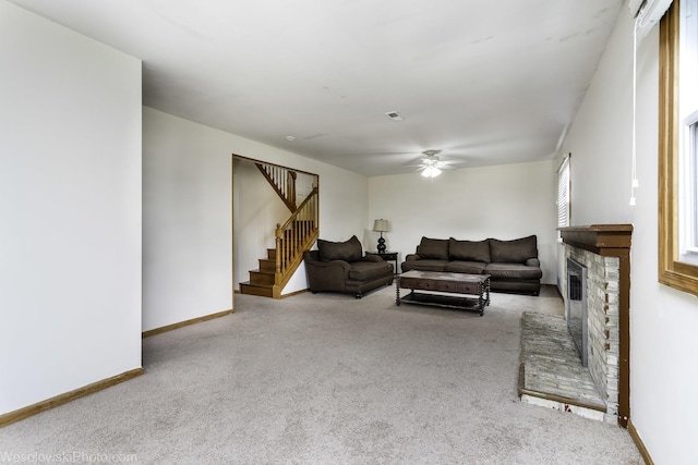 101 Croftwood Ct, Rolling Meadows, IL 60008 - living area featuring ceiling fan, carpet flooring, a fireplace, and stairs