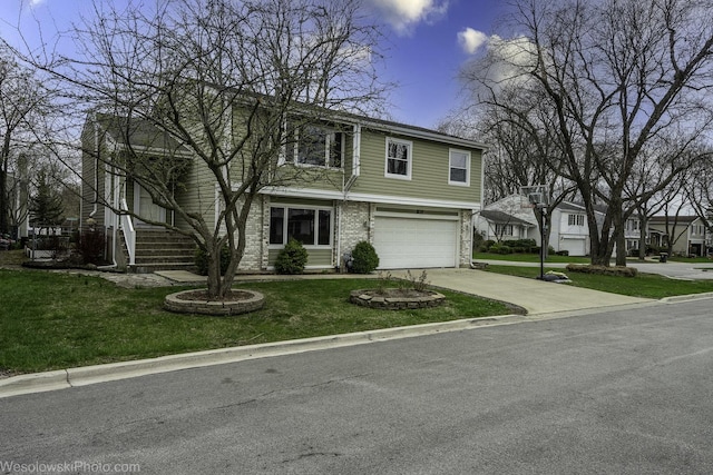 101 Croftwood Ct, Rolling Meadows, IL 60008 - view of front of home featuring a garage, driveway, a front yard, brick siding, and stairway