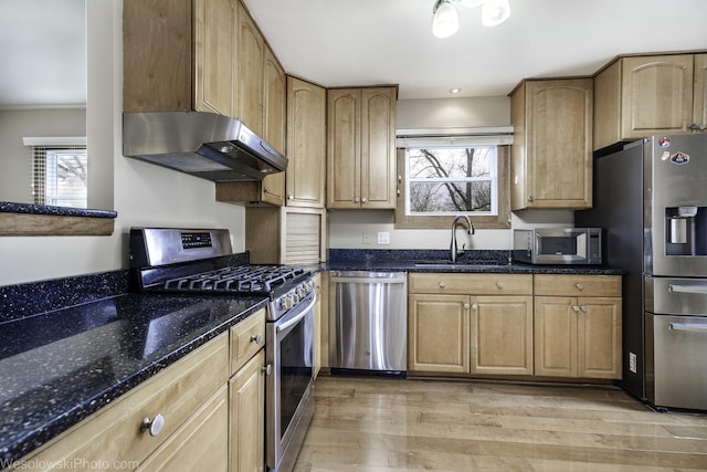 101 Croftwood Ct, Rolling Meadows, IL 60008 - kitchen featuring appliances with stainless steel finishes, under cabinet range hood, dark stone countertops, light wood-style flooring, and recessed lighting