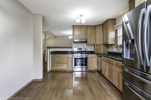 101 Croftwood Ct, Rolling Meadows, IL 60008 - kitchen with stainless steel appliances, under cabinet range hood, dark wood-style floors, and dark stone countertops