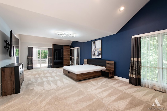 113 Oak Ridge Dr E, Burr Ridge, IL 60527 - bedroom featuring lofted ceiling, light carpet, and access to exterior