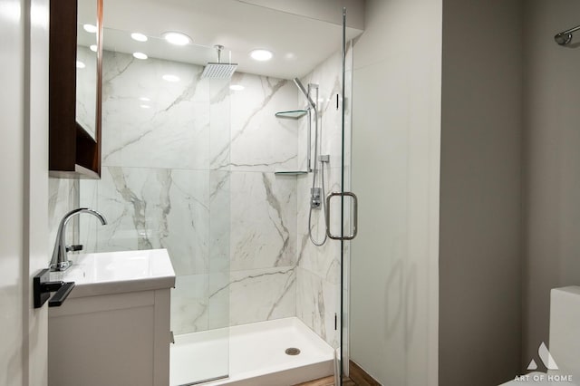 113 Oak Ridge Dr E, Burr Ridge, IL 60527 - full bath with a marble finish shower, vanity, and recessed lighting