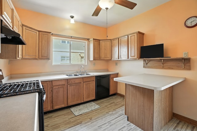 13425 S S Ave M, Chicago, IL 60633 - kitchen featuring black dishwasher, gas range, under cabinet range hood, light wood-style floors, and a ceiling fan
