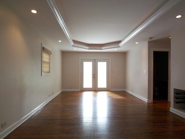 623 Willow Ln, Elk Grove Village, IL 60007 - empty room featuring a tray ceiling, wood finished floors, french doors, recessed lighting, and crown molding