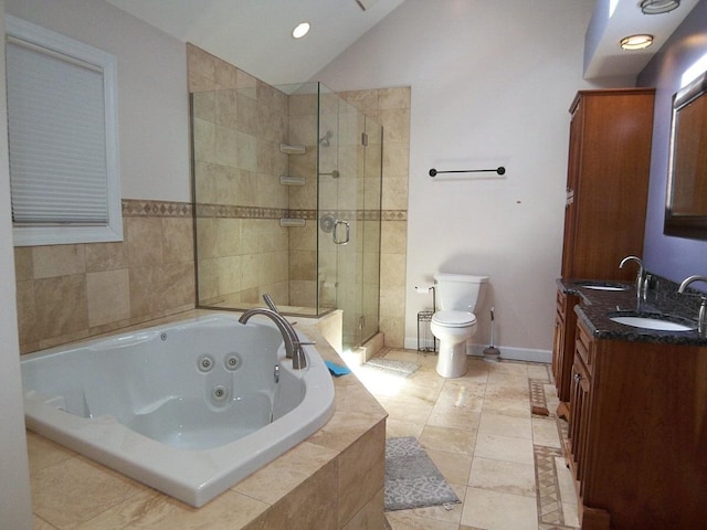623 Willow Ln, Elk Grove Village, IL 60007 - full bathroom featuring a shower stall, a jetted tub, double vanity, lofted ceiling, and tile patterned floors