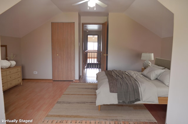12005 4th St, Huntley, IL 60142 - bedroom with lofted ceiling, wood finished floors, and ceiling fan
