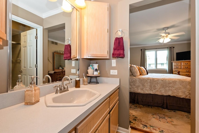 833 Winter Park Dr Unit 833, New Lenox, IL 60451 - ensuite bathroom featuring crown molding, vanity, and ceiling fan
