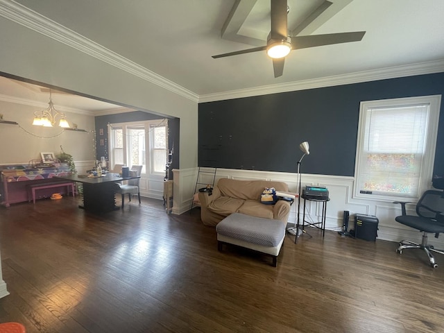 8233 S Manistee Ave, Chicago, IL 60617 - living area featuring ornamental molding, wood finished floors, ceiling fan, a wainscoted wall, and a decorative wall