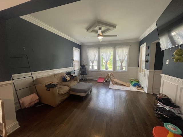 8233 S Manistee Ave, Chicago, IL 60617 - living area with crown molding, wainscoting, ceiling fan, a decorative wall, and wood finished floors