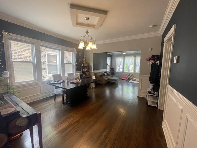 8233 S Manistee Ave, Chicago, IL 60617 - dining area with a decorative wall, dark wood-style floors, crown molding, a chandelier, and a wainscoted wall