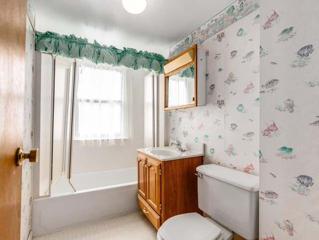 4923 W School St, Chicago, IL 60641 - full bath with wallpapered walls, vanity, tile patterned flooring, and bathtub / shower combination