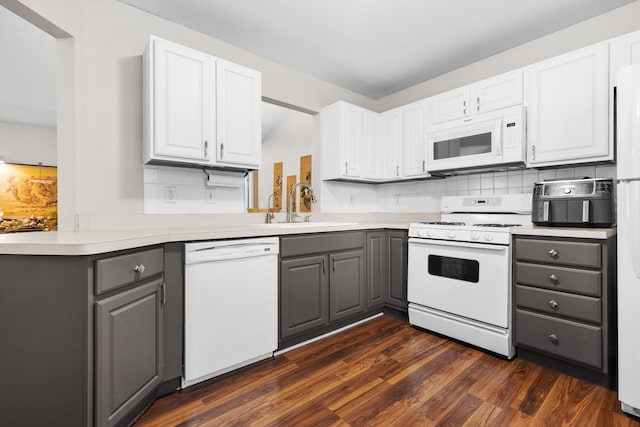 12050 Baneberry Dr Unit 9, Roscoe, IL 61073 - kitchen featuring white appliances, gray cabinets, tasteful backsplash, white cabinetry, and dark wood-style floors