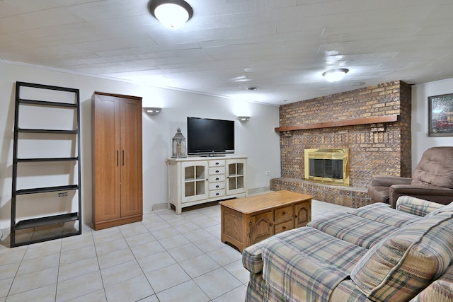 758 N Kenilworth Ave, Elmhurst, IL 60126 - living area with light tile patterned flooring, a fireplace, and ornamental molding