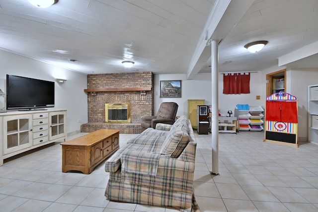 758 N Kenilworth Ave, Elmhurst, IL 60126 - living area featuring light tile patterned floors, a brick fireplace, and beamed ceiling