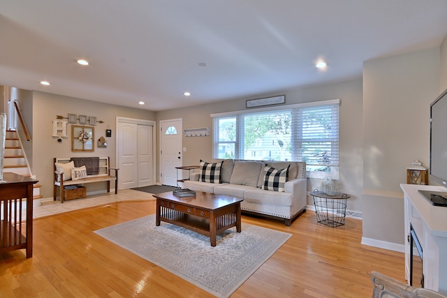 758 N Kenilworth Ave, Elmhurst, IL 60126 - living room featuring stairs, light wood-style floors, and recessed lighting
