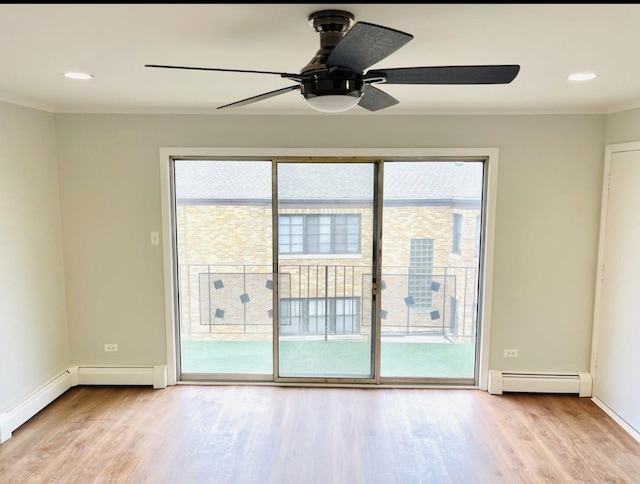 10425 S Hale Ave Unit 3A, Chicago, IL 60643 - unfurnished room featuring light wood-style flooring, a baseboard radiator, a ceiling fan, and ornamental molding