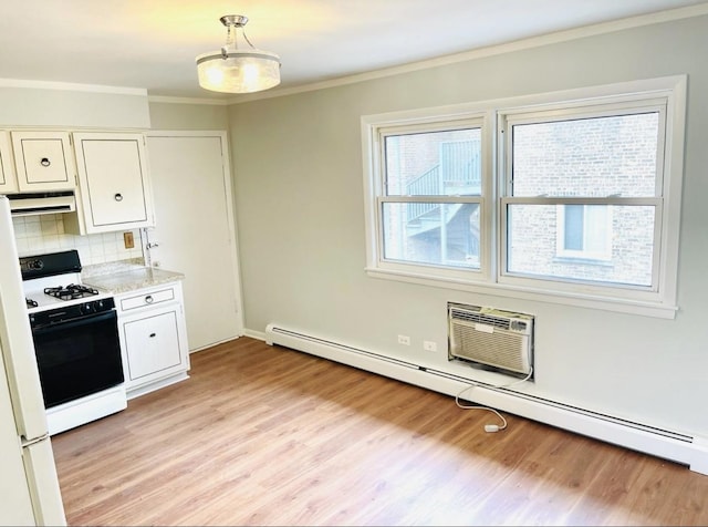 10425 S Hale Ave Unit 3A, Chicago, IL 60643 - kitchen featuring under cabinet range hood, white gas stove, light wood-type flooring, light countertops, and crown molding