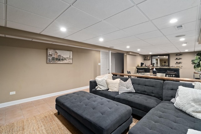 592 E 13th St, Lockport, IL 60441 - living area featuring light tile patterned flooring, a drop ceiling, recessed lighting, and bar