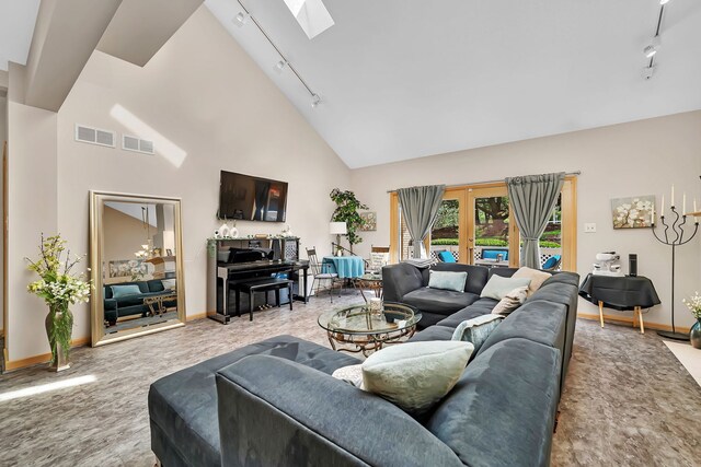 16813 Cardinal Dr, Orland Park, IL 60467 - living area with rail lighting, high vaulted ceiling, a skylight, and french doors