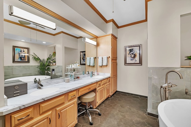 16813 Cardinal Dr, Orland Park, IL 60467 - full bathroom featuring crown molding, double vanity, a freestanding tub, and tile patterned flooring